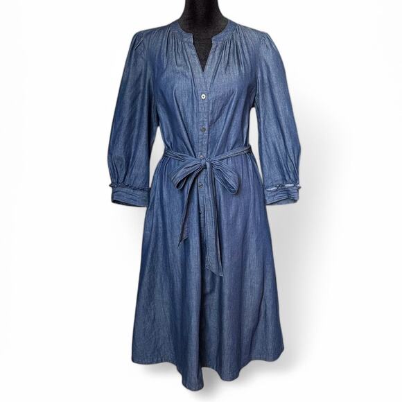Draper James Shirt Dress Chambray Belted 100% Cotton Long Sleeve Minimalist  8 - Picture 3 of 12